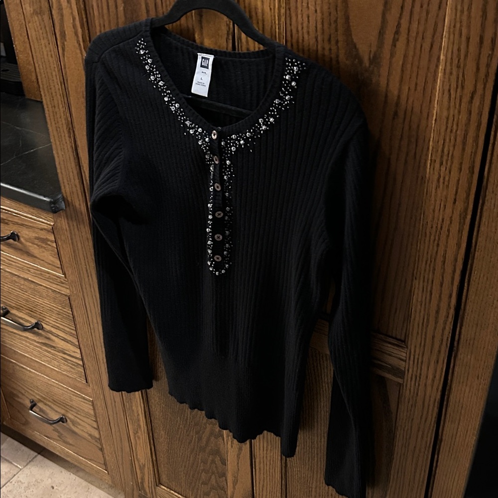 Vintage GAP Angora Henley Sweater‎ Womens Black Ribbed Beaded Cotton Wool Large - Picture 2 of 6